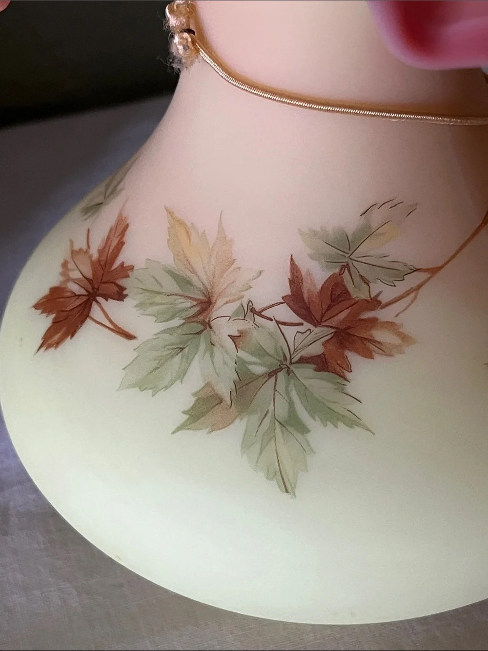 Vintage Fenton Burmese Leaf Decorated Ruffled Edge Vase